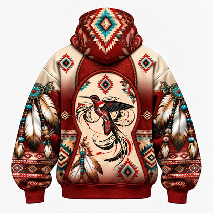 3D Balaclava Zip Hoodie Native American Faux Leather Vest Hoodie, Southwestern Tribal Eagle Feather Graphic