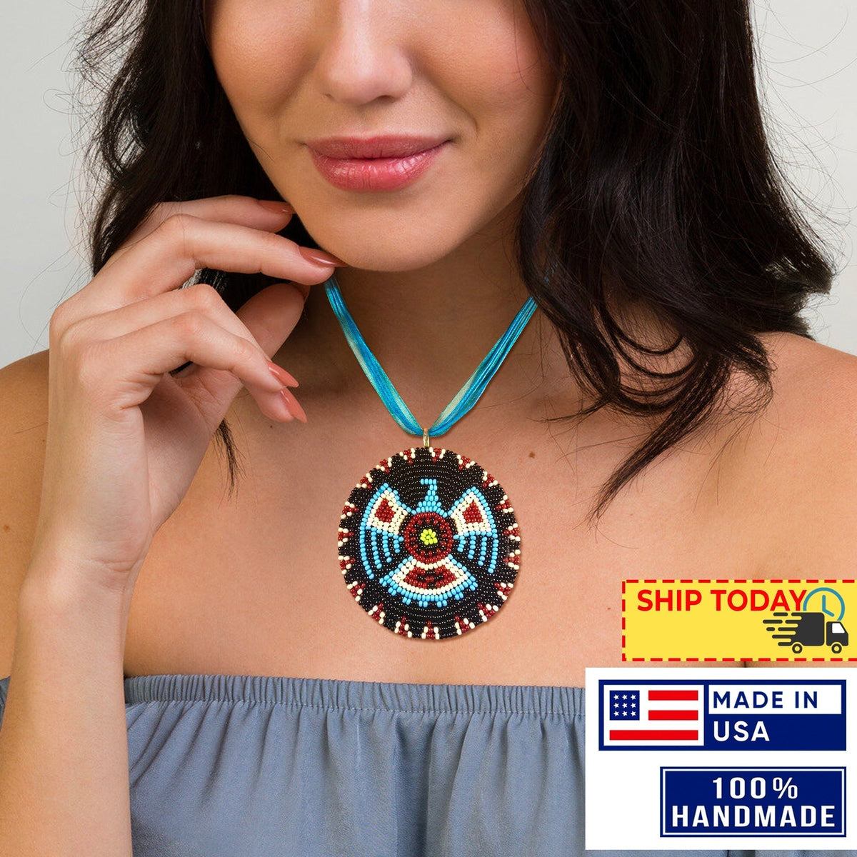 Handmade Beaded Thunderbird Turquoise Blue Black Organza Cord Necklace Unisex With Native American Style