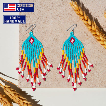 Turquoise Blue Orange Chandelier Beaded Handmade Earrings For Women