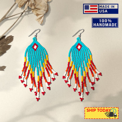 Turquoise Blue Orange Chandelier Beaded Handmade Earrings For Women