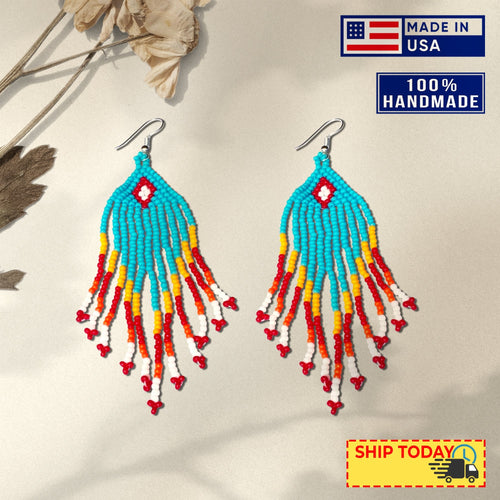 Turquoise Blue Orange Chandelier Beaded Handmade Earrings For Women