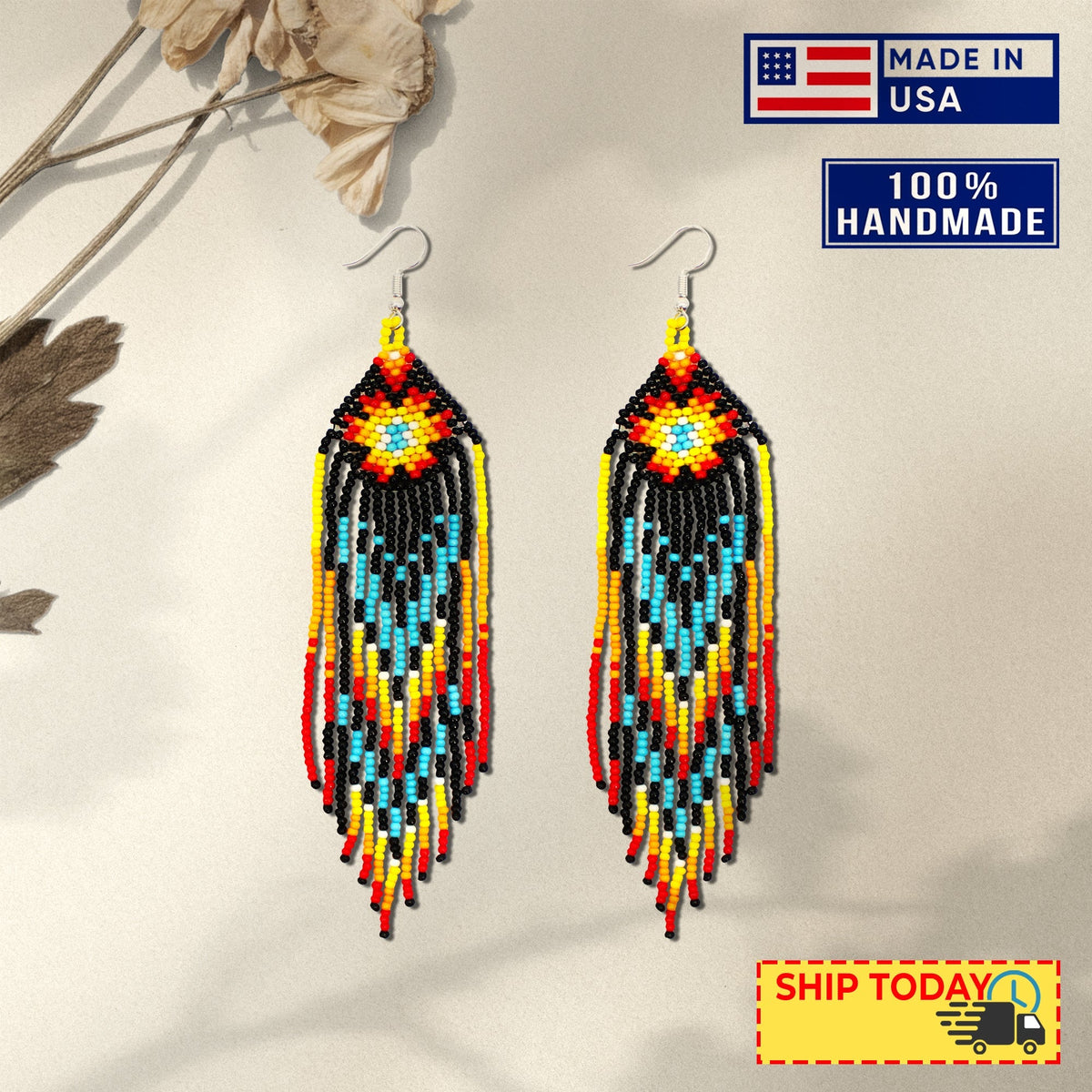Black Star Sun Beaded Handmade Earrings For Women