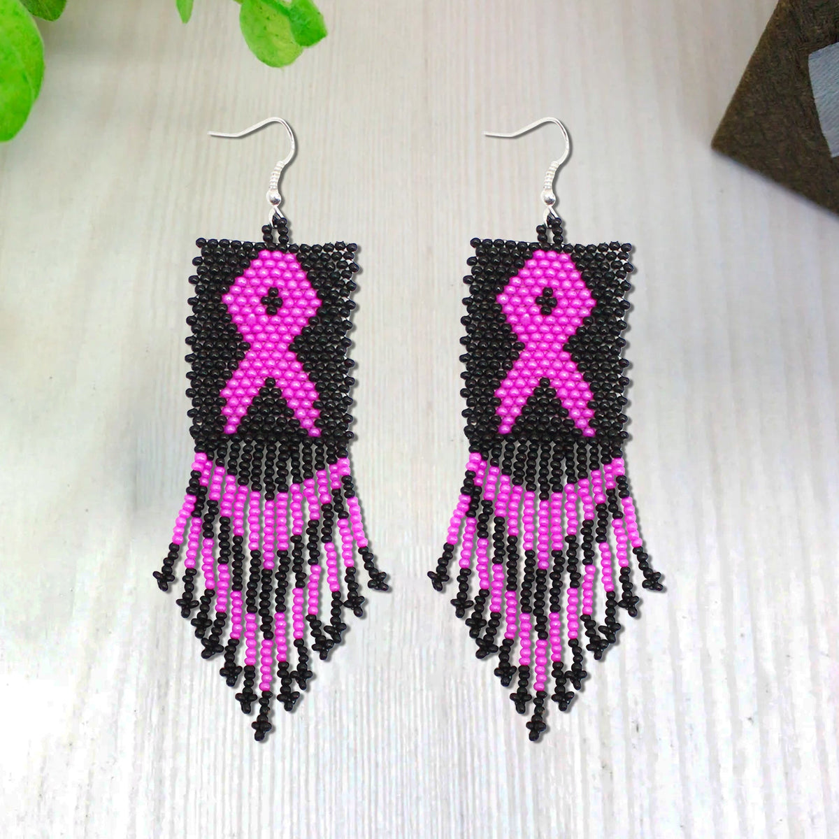 Black Pink Breast Cancer Awareness Beaded Handmade Earrings For Women