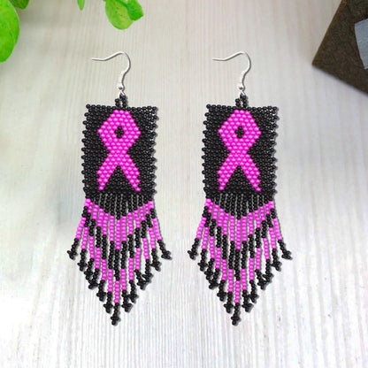 Black Pink Breast Cancer Awareness Beaded Handmade Earrings For Women