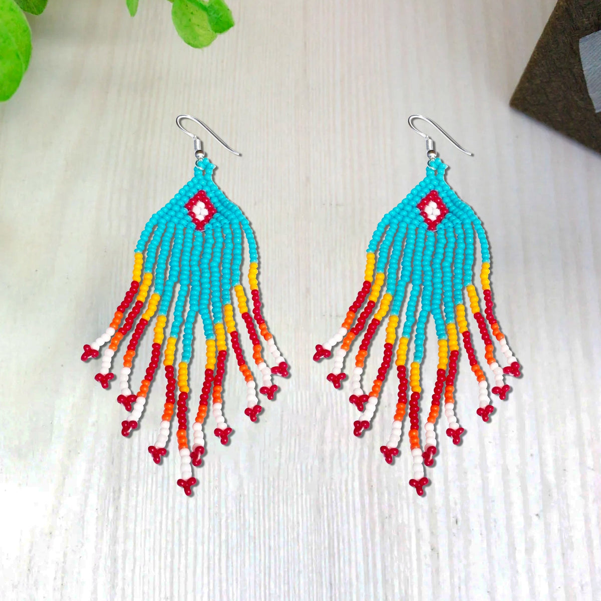 Turquoise Blue Orange Chandelier Beaded Handmade Earrings For Women