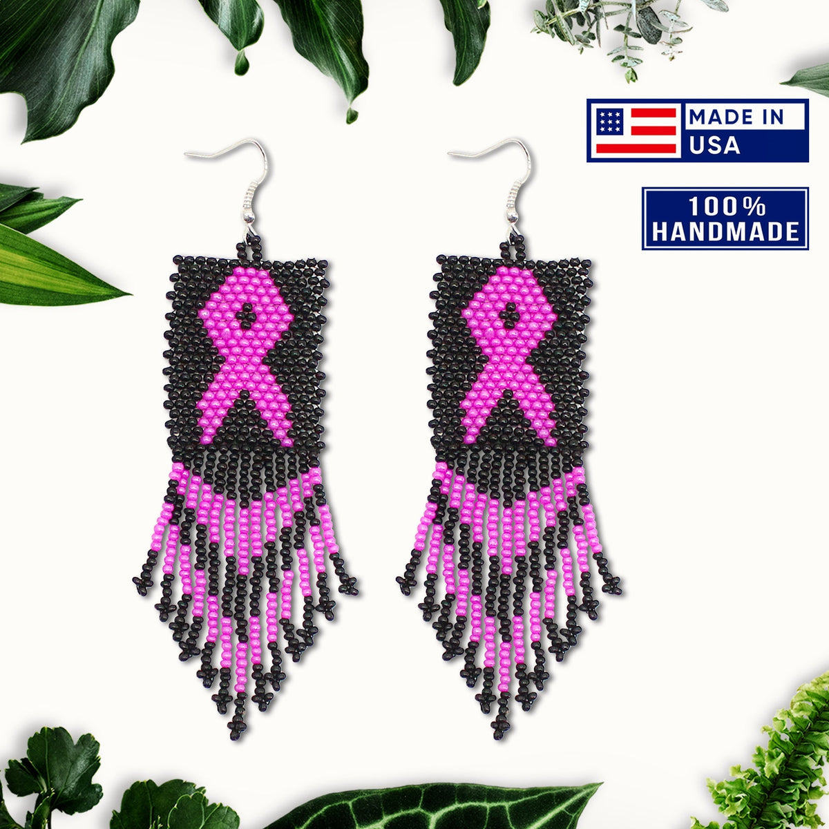 Black Pink Breast Cancer Awareness Beaded Handmade Earrings For Women