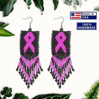 Black Pink Breast Cancer Awareness Beaded Handmade Earrings For Women