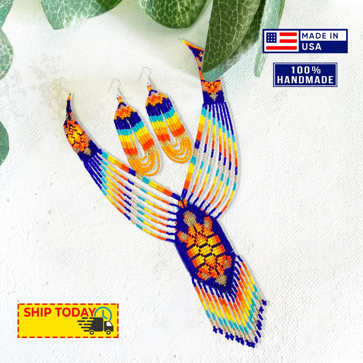 Turtle Beadwork Blue Orange Beaded Lariat Necklace Earrings Set