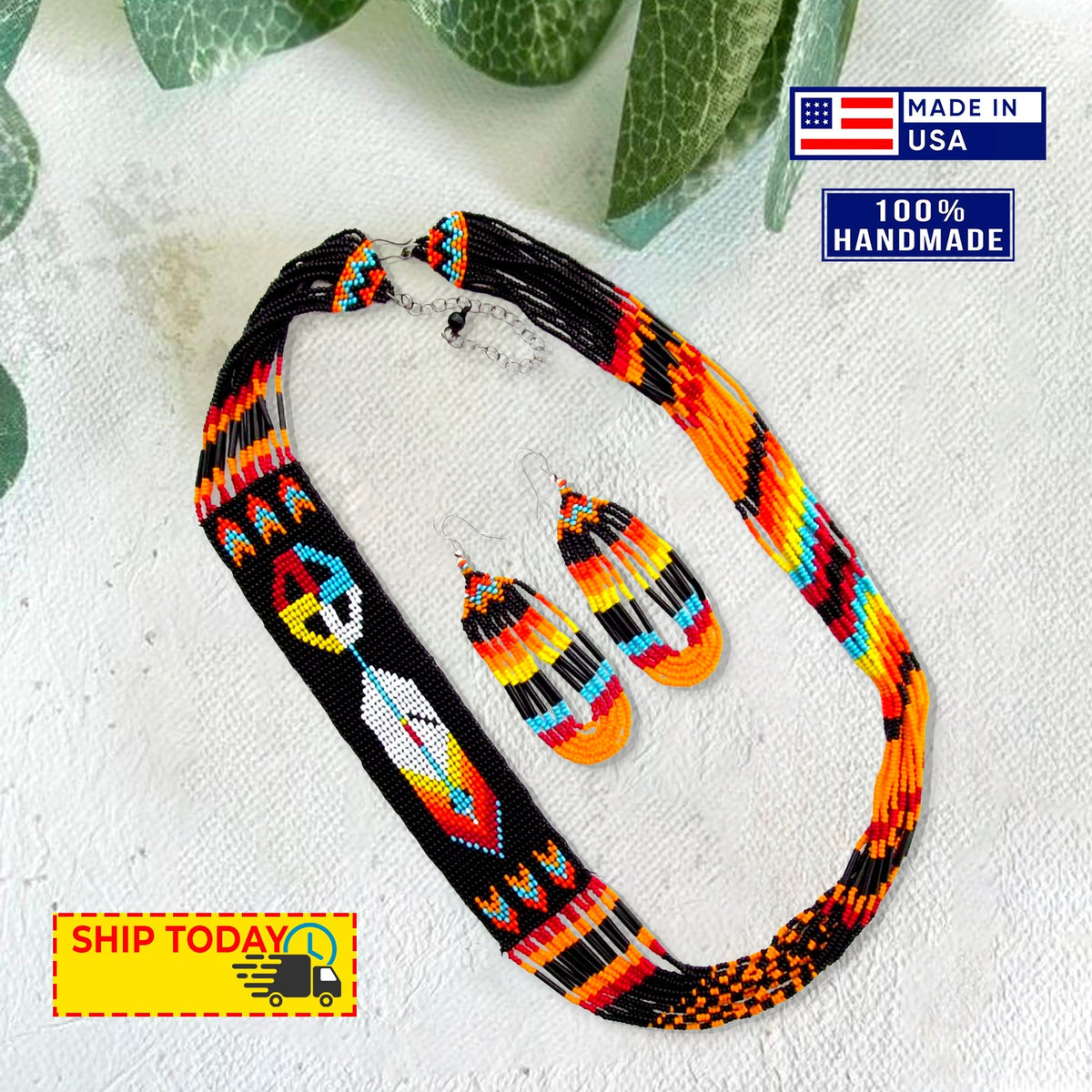 Black Fire Seed Beaded Necklace Earrings Feather Beadwork