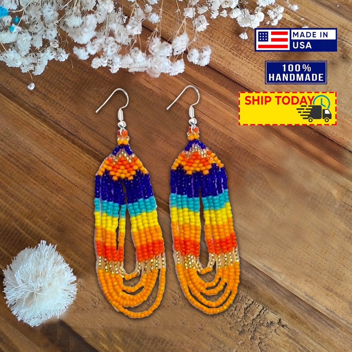 Turtle Beadwork Blue Orange Beaded Lariat Necklace Earrings Set