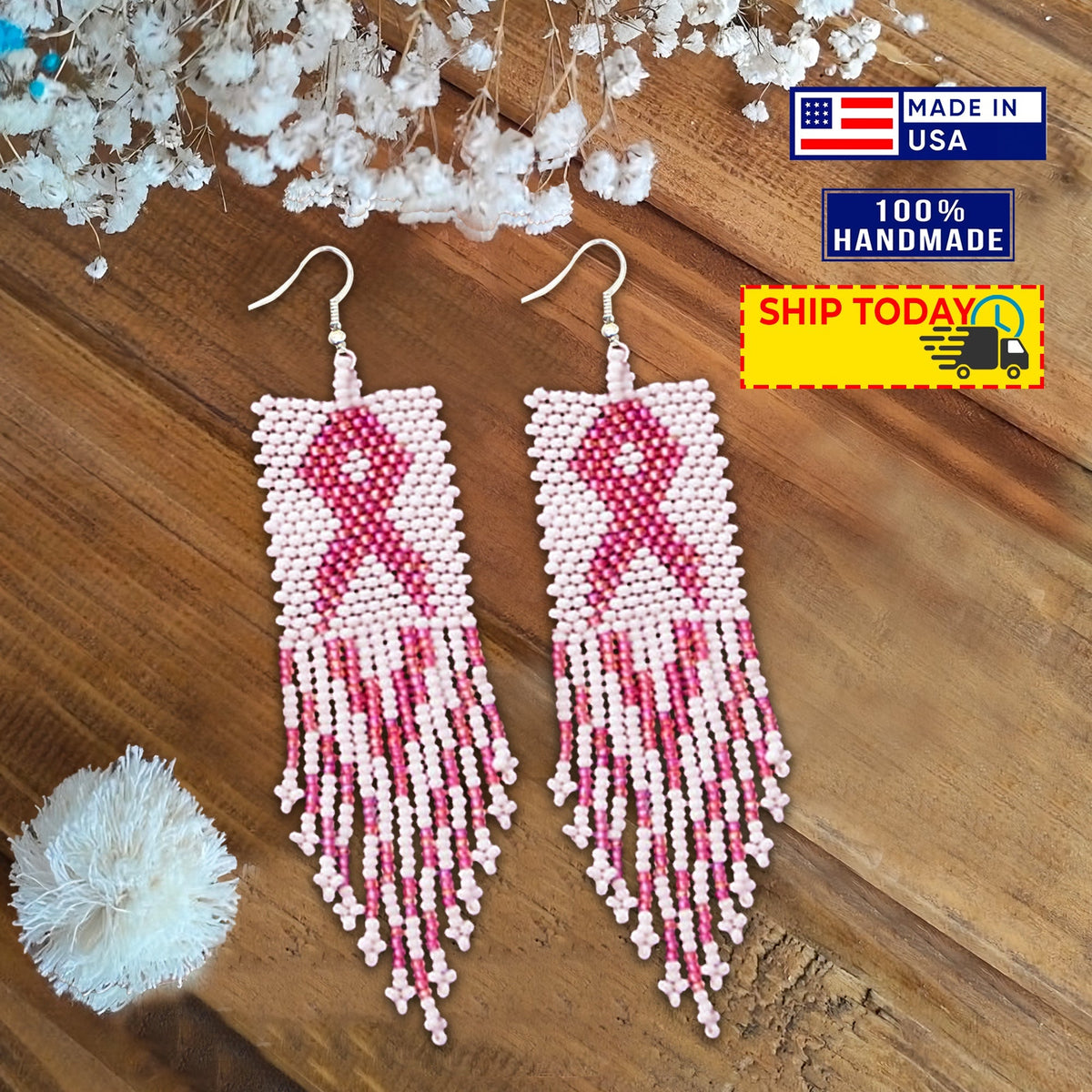 Handmade Pink Ribbon Breast Cancer Awareness Necklace Earrings Set