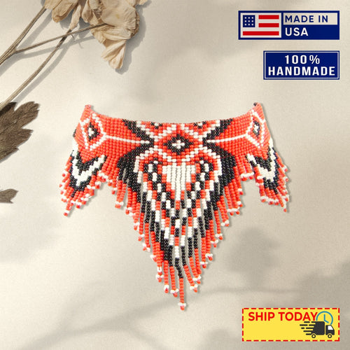 Handmade Beaded Red Seed Bead Choker Necklace Unisex With Native American Style