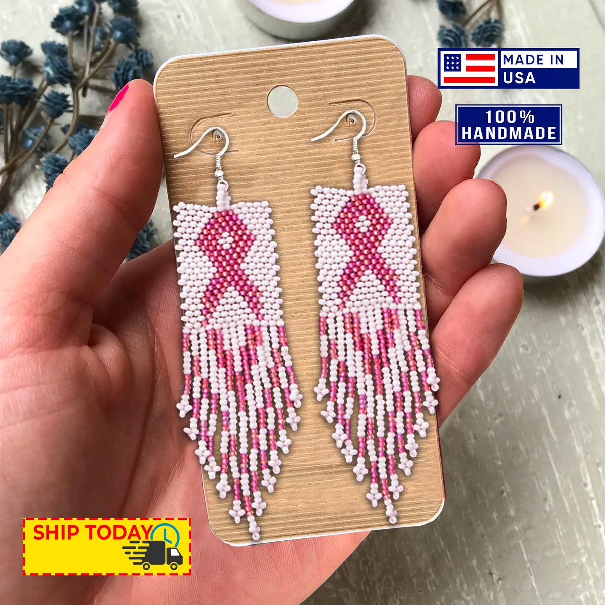 Handmade Pink Ribbon Breast Cancer Awareness Necklace Earrings Set