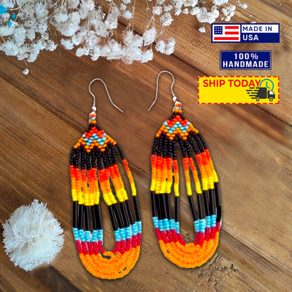 Black Fire Seed Beaded Necklace Earrings Feather Beadwork