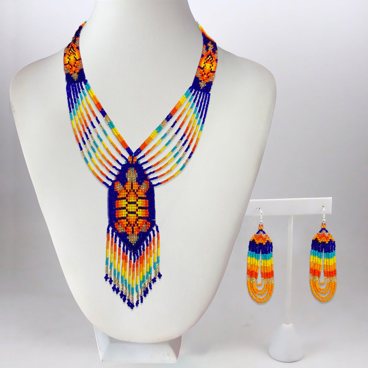 Turtle Beadwork Blue Orange Beaded Lariat Necklace Earrings Set