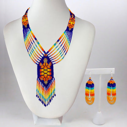 Turtle Beadwork Blue Orange Beaded Lariat Necklace Earrings Set
