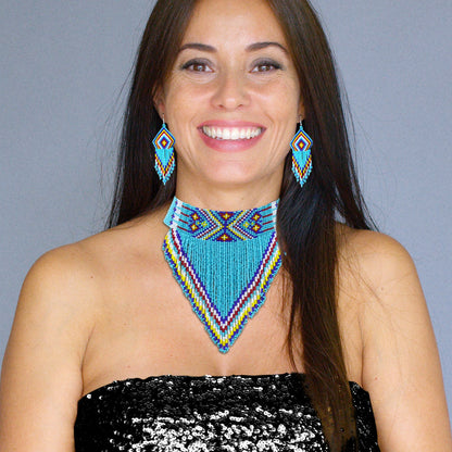 Turquoise Blue Beaded Choker Necklace Earrings Set