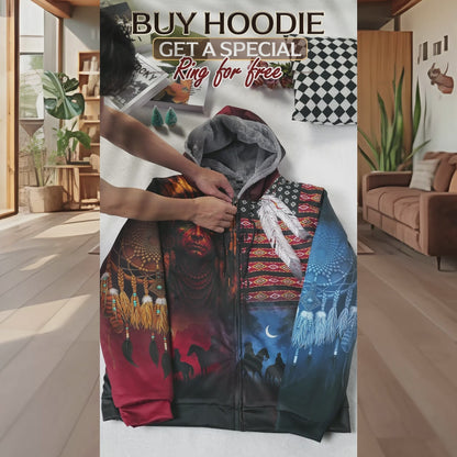 Native Heritage – The Chief Spirit Hoodie in Red & Blue, Symbol of Freedom and Pride