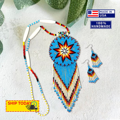 Turquoise Blue Seed Bead Long Star Medallion Beaded Necklace Earrings