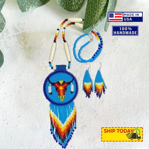 Handmade Turquoise Blue Beaded Bull Skull Medallion Necklace Set