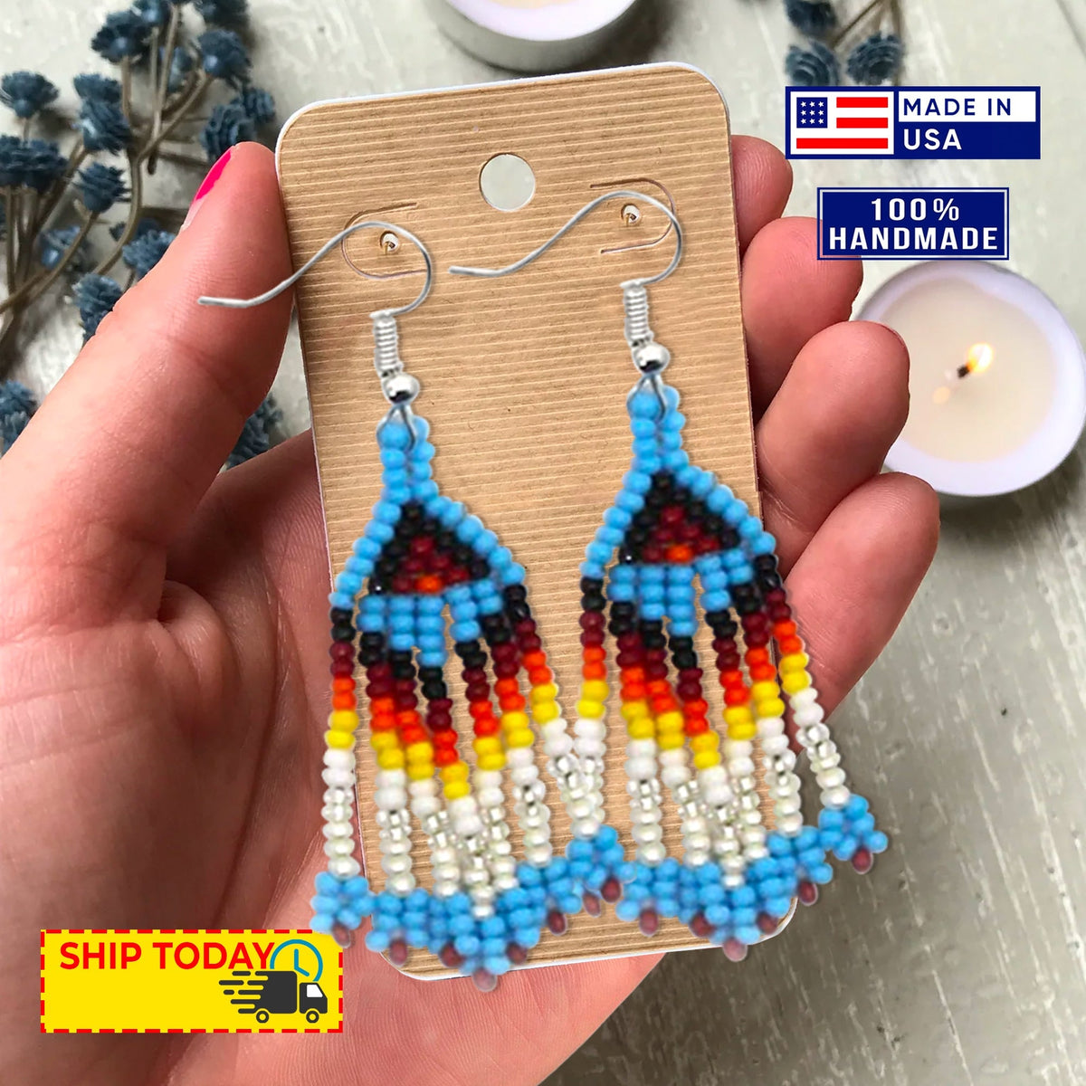 Turquoise Blue Seed Bead Long Star Medallion Beaded Necklace Earrings