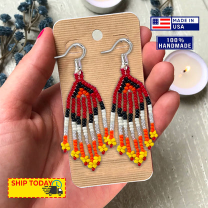 Red Seed Beads Long Medallion Star Fire Color Beaded Necklace Earrings Set