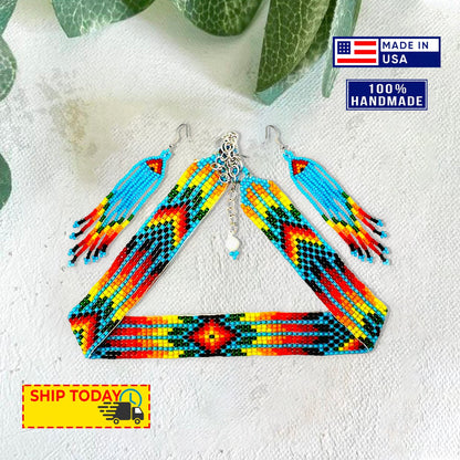 Handmade Blue Multi-Color Choker Necklace Earrings Set