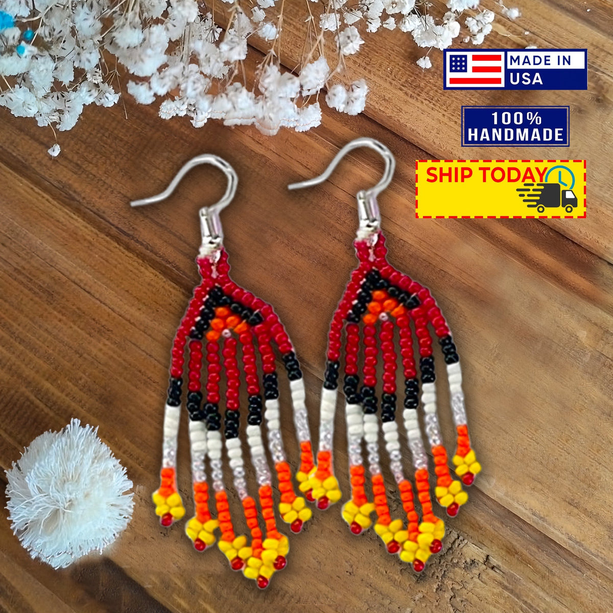 Red Seed Beads Long Medallion Star Fire Color Beaded Necklace Earrings Set