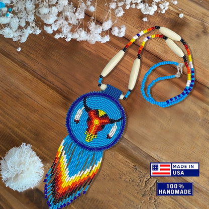 Handmade Turquoise Blue Beaded Bull Skull Medallion Necklace Set