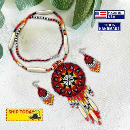 Red Seed Beads Long Medallion Star Fire Color Beaded Necklace Earrings Set