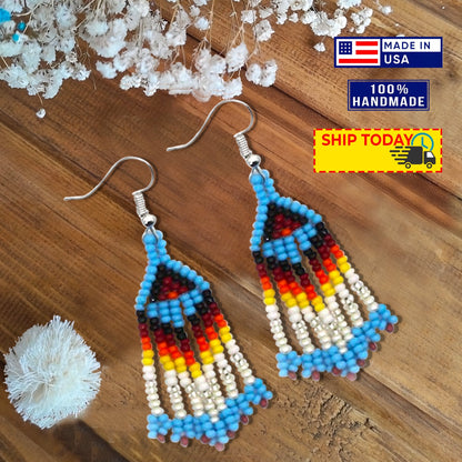 Turquoise Blue Seed Bead Long Star Medallion Beaded Necklace Earrings