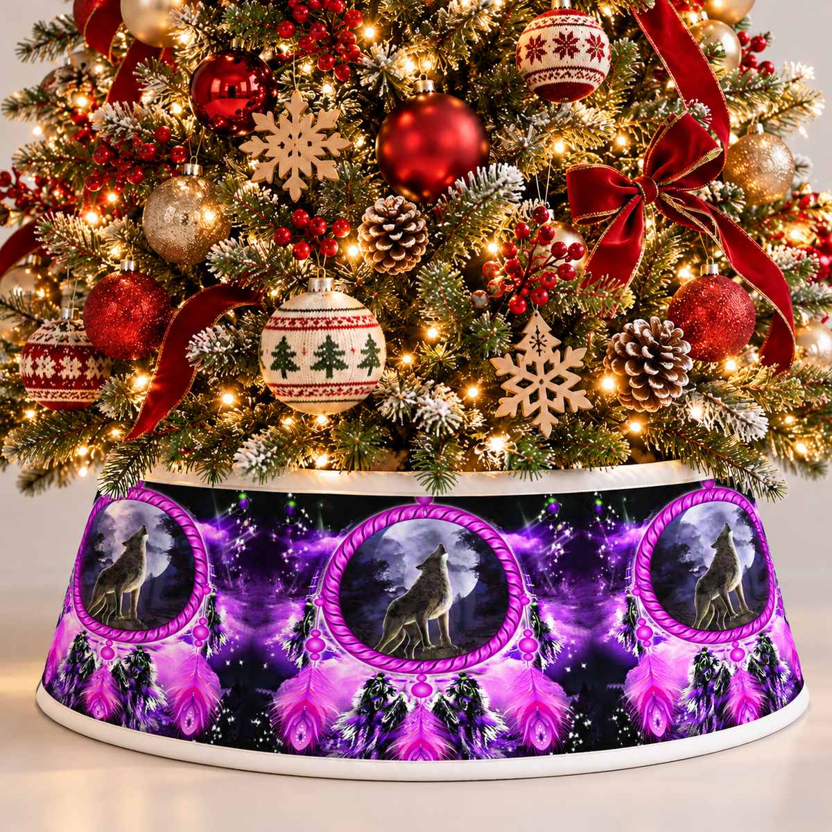 Quilted Christmas Tree Collar - Native American Wolf Spirit Dreamcatcher Full Moon Purple Feathers Mystical Tribal Wildlife Christmas Decor