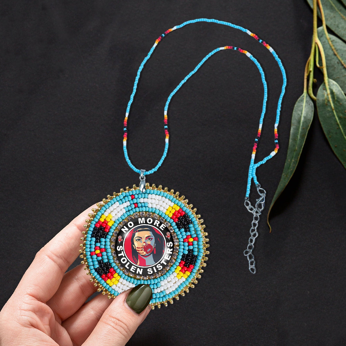 No More Stolen Sister Feathers  Handmade Glass Beaded Patch Necklace Pendant