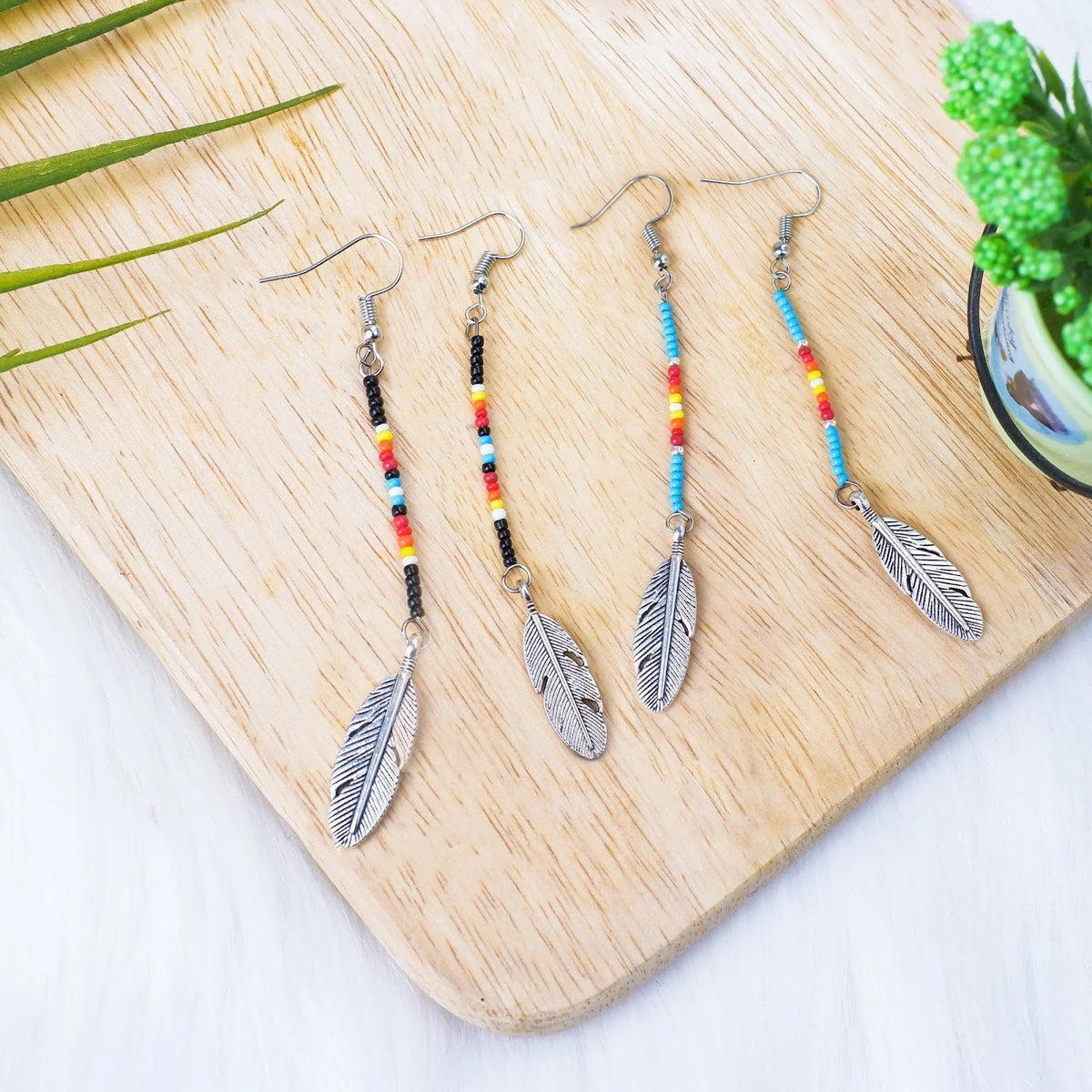Black Stick with Metal Feather Beaded Handmade Earrings For Women