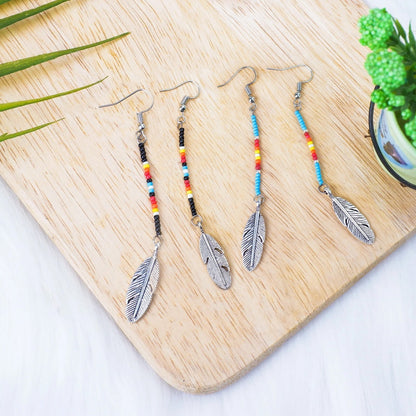 Black Stick with Metal Feather Beaded Handmade Earrings For Women